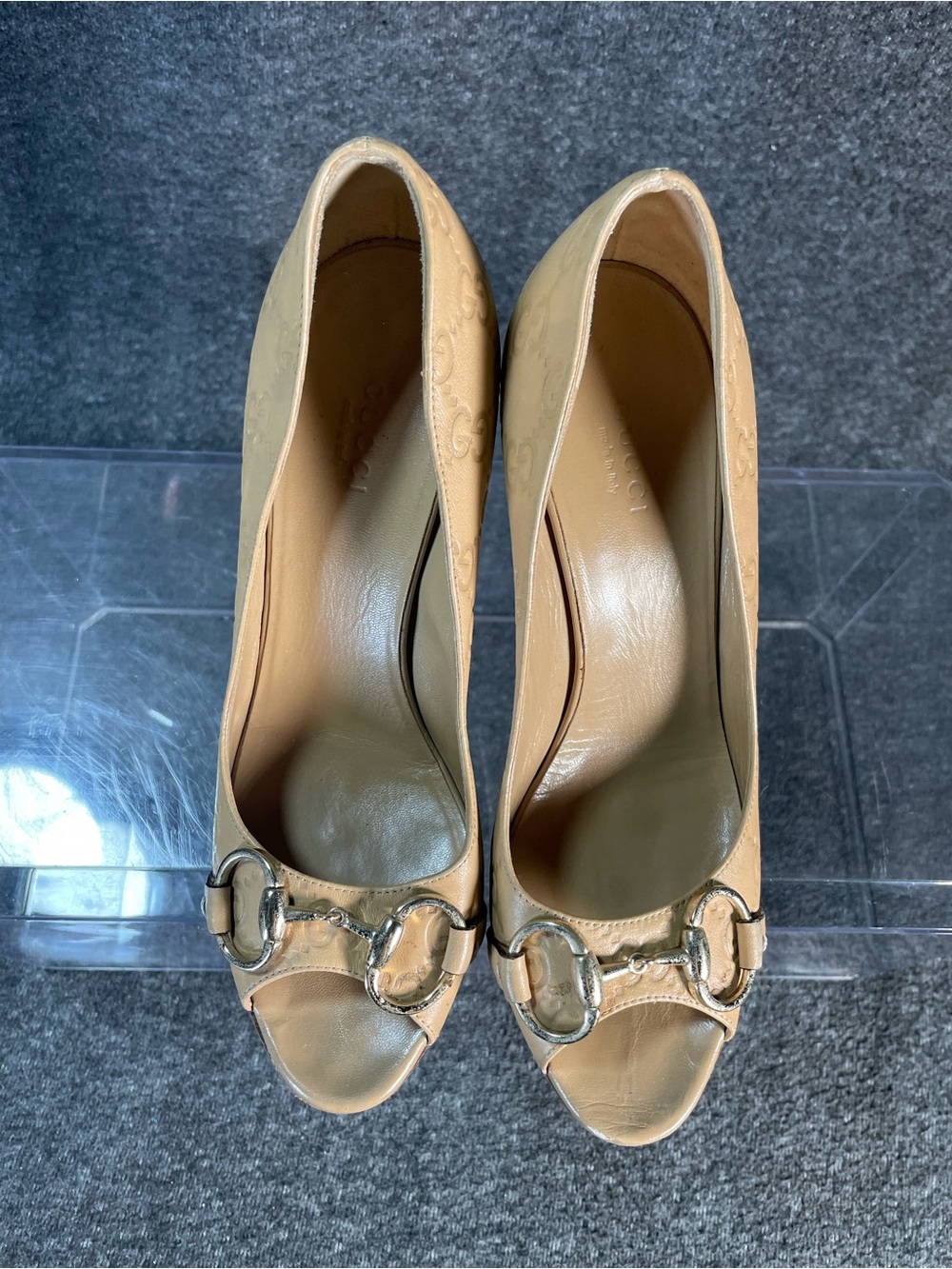 Gucci Guccisimma Horsebit Open Toe Light Sand Leather Heels Size 7 Monogram - Picture 4 of 16
